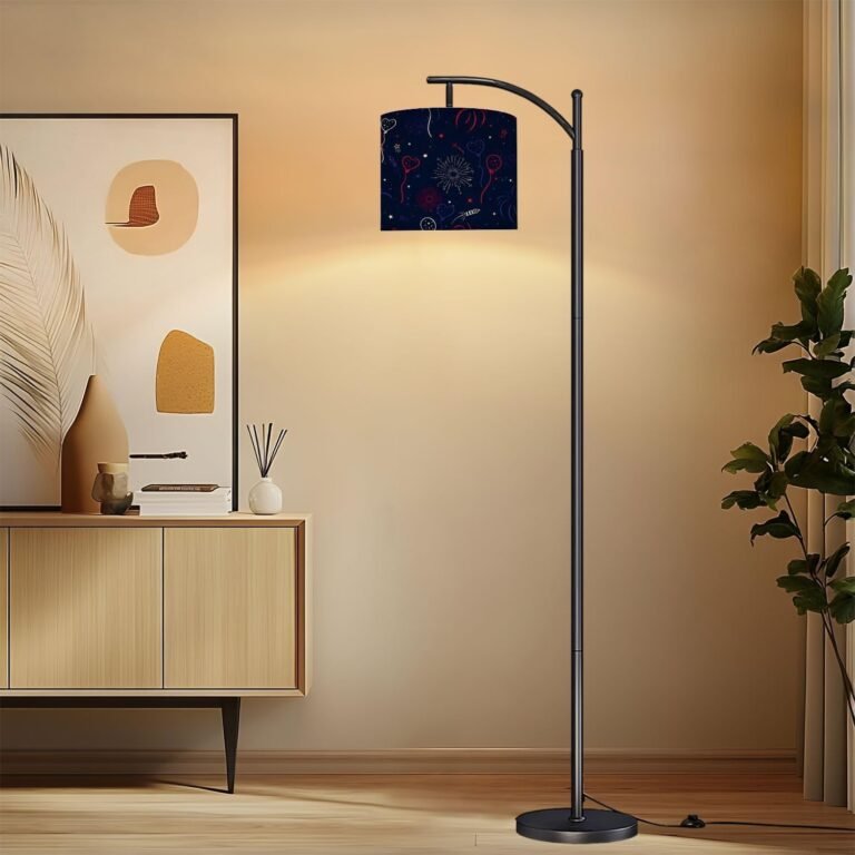 Fun hand drawn firework seamless pattern red blue white colors party Arc Floor Lamp with Remote Tall Standing Light Working with Adjust Head Dimmable LED Bulb Reading Light for Living Room Office