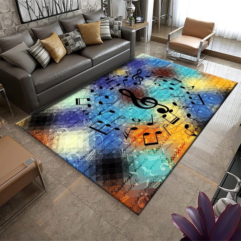 Noise Reduction Music Rug 4x6ft – Abstract Note Pattern Non-Slip Rug, Durable Washable Carpet for Living Room/Bedroom/Music Room – Soundproof Home Decor Mat