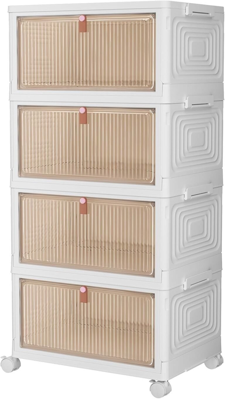 CTSNSLH 36Qt Plastic Storage Bins Organizer – 4 Tier Stackable Bins with Lids, Ideal for Bedroom, Living Room, Study, Office – Folding Storage Boxes, White