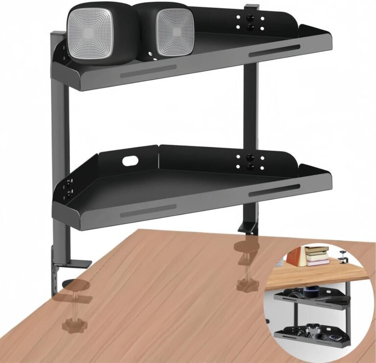 CanKing Clamp On Desk Corner Shelf 16 inch Clip Above or Under Table Corner Space-Saving Organizer for Office, Study, Dorm Rooms, Light-Weight Rust-Proof Metal with No-Drill Assemble Black 2 Tier
