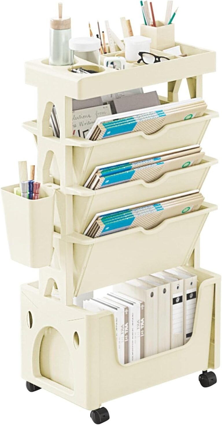 5-Tier Rolling Book Cart, Mobile Bookshelf with Wheels, Movable Bookshelf, Homeschool Supplies Storage and Organizer, Kids Bookshelf Carts for Home School Classroom Living Room, Khaki