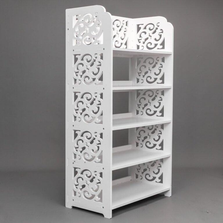 amopacorp Wood Plastic Board 5-Tiers Hollow Carved Shoe Rack White Storage Organizer Shelf for Narrow Entryway Boots Holder Living Room Hall Study Bedroom