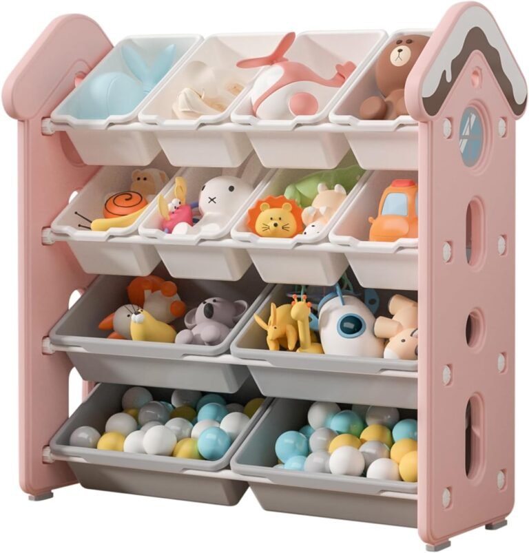 UNICOO® Kids Candy House 4-Tier Toy Storage Cabinet | Montessori-Style Storage and Organization with 12 Bins | Organizer Shelf for Toy Storage in Nursery, Playroom, Study Room (Pink)