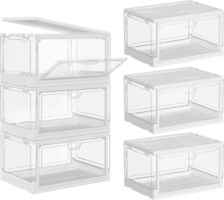 SNSLXH Clear Storage Bins with Lids, Stackable Storage Bins with Magnetic Doors Open Front, Plastic Storage Bins for Living Room, Bedroom, Study Room and Office, 3 Packs, 24QT