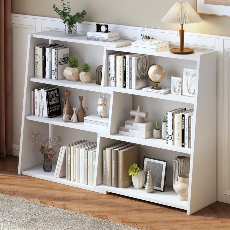 IOTXY Wooden Extendable Shelf Bookcase – 3-Tier Ladder Low Short Bookshelf for Small Space or Corner, White, L