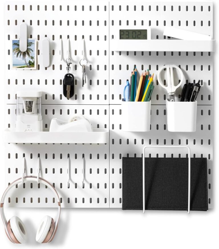 VUSIGN Pegboard Combination Wall Organizer Kit, 4 Pieces Pegboards and 17 Accessories Modular Hanging, Wall Mount Display Peg board Panel Kits for Bedroom, Home, Office, Bathroom, 22″ x 22″, White