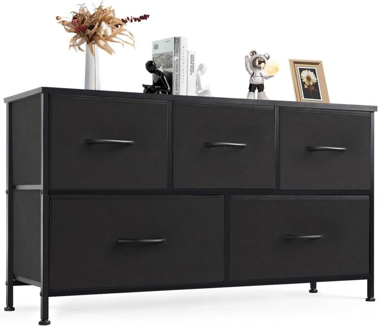 DUMOS Dresser for Bedroom, 5 Storage Drawers, Wide Fabric Closet Chests Organizer Tower Furniture with Wooden Top Metal Frame for Clothes, Guest Room, Living Room, Hallway, Entryway