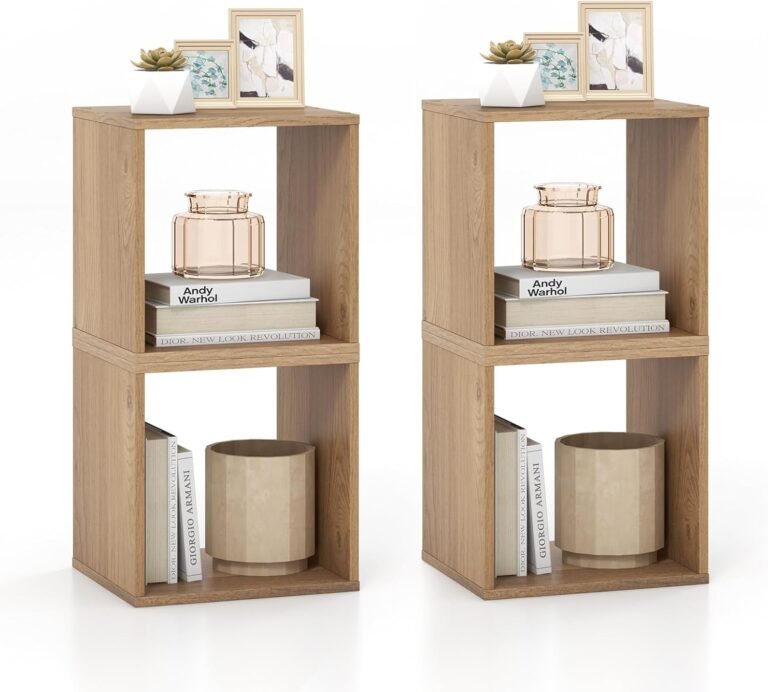 LOKO Stackable 2 Cube Storage Organizer Set of 2, Freestanding Cubby Storage Bookcase with Anti-toppling Device, 2-Tier Bookshelf, Combinable Record Player Stand for Living Room Study (2, Natural)