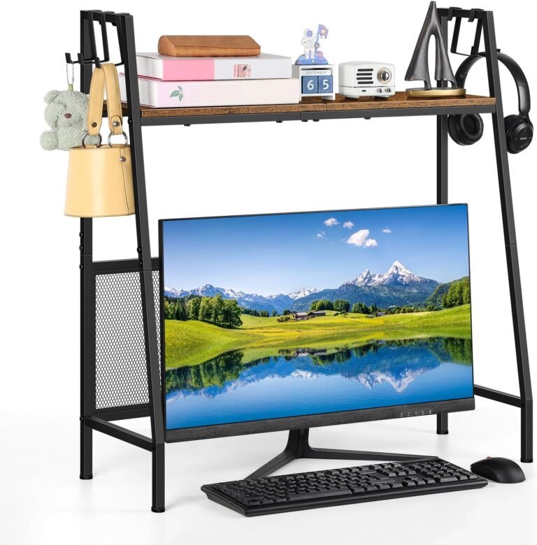 Desktop Shelf Organizer, 2 Tier Desk Shelf for Top of Desk Small Desktop Monitor Stand Riser with 5 Hooks for Home Office Dorm Kitchen, Rustic Brown