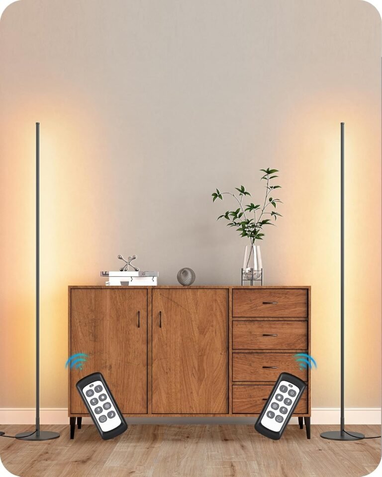 EDISHINE LED Corner Lamp, Set of 2 Minimalist Dimmable Tall Light with Remote, 57.5″ Floor Lamps for Living Room, Bedroom, Home Office, 7 Color Temperature 2700-6000K (Black)