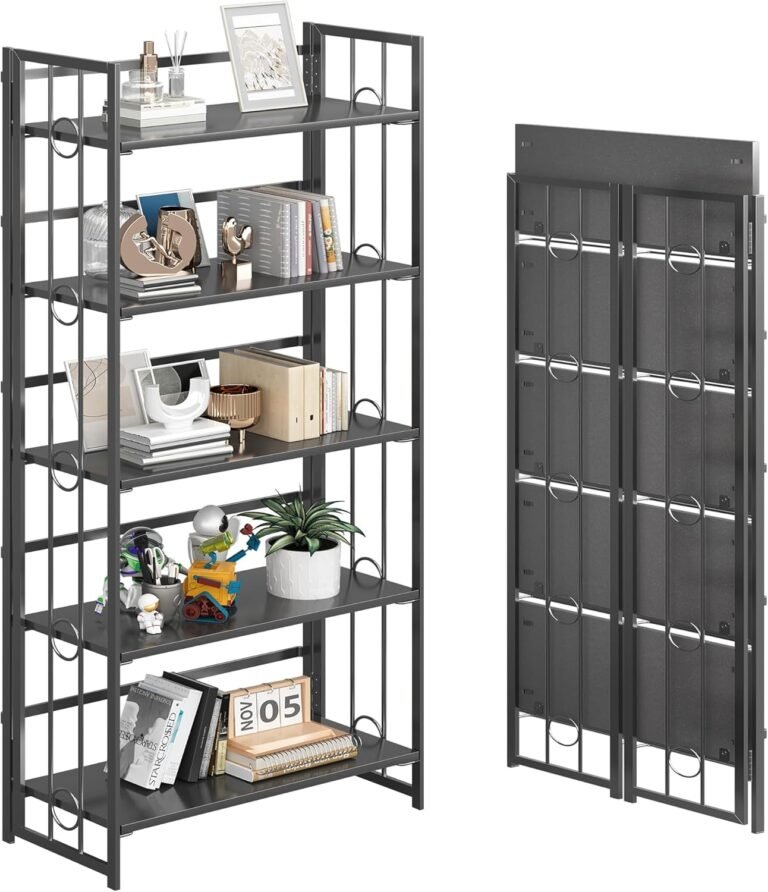 4NM No-Assembly 5 Tiers Folding Bookshelf Storage Shelves Vintage Bookcase Standing Racks Study Organizer Home Office – All Black