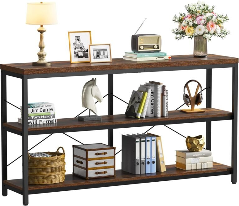 Semoic 3-Tier Industrial Bookshelf, Wide Wood Horizontal Bookcase, Open Large Book Shelf with Metal Frame, Display Rack Shelving Unit, Storage Organizer for Living Room, Bedroom & Study, Brown
