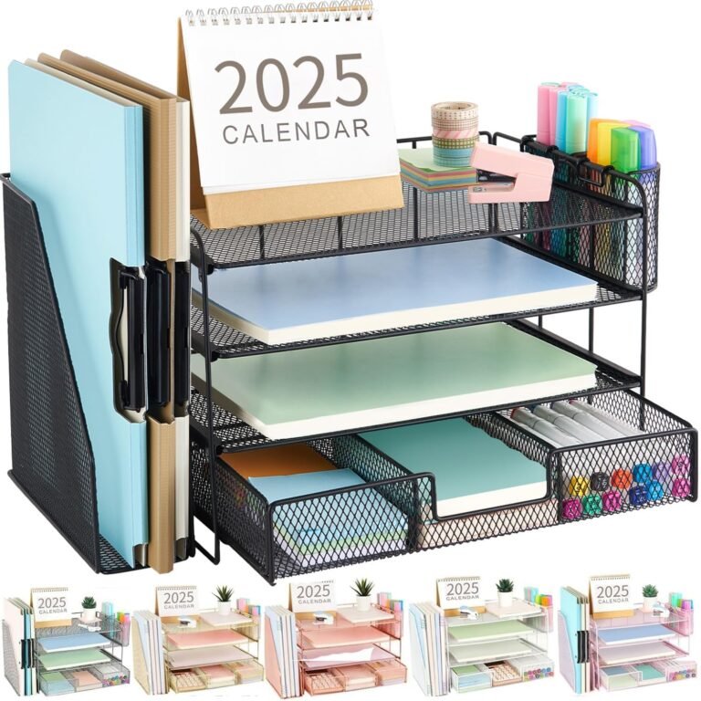 gianotter Desk Organizers and Accessories with File Holder, 4-Tier Desk Accessories & Workspace Organizers with Drawer and 2 Pen Holder, Paper Organizer for Office Supplies (Black)