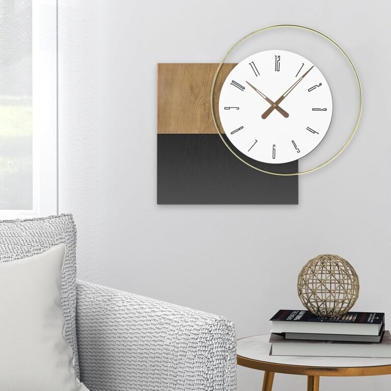Modern Wall Clock, Minimalist Art Decor Clock with Silent Quartz Movement, Round Dial and Square Wood Panel – 14×20 inches for Living Room, Office, Bedroom