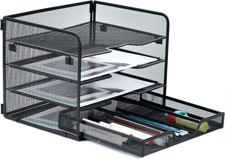 SETTFRFE 4 Tier Mesh Paper Letter Tray,Desk File Organizer with A Sliding Drawer,Office Supplies Desk Organizer for Home Office,Black.