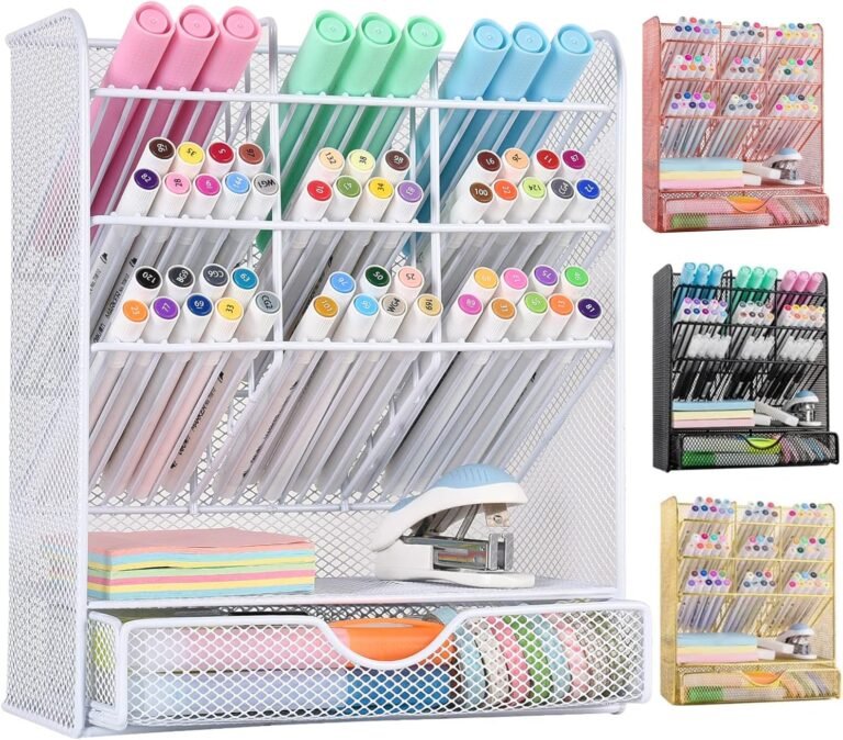 Spacrea Pen Holder Desk Organizer – Desk Organizers and Accessories, Pencil Holder with 10 Compartments and 1 Drawer（White）
