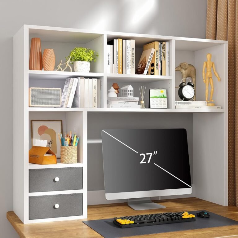 REIBII Bookshelf,Adjustable 6-Tier Desktop Organizer,High-Capacity Desk Hutch Organizer with 7 Shelves and 2 Drawers for Computer Desk,Home Office Desktop Shelf Stand, Collage Dorm Desk, White