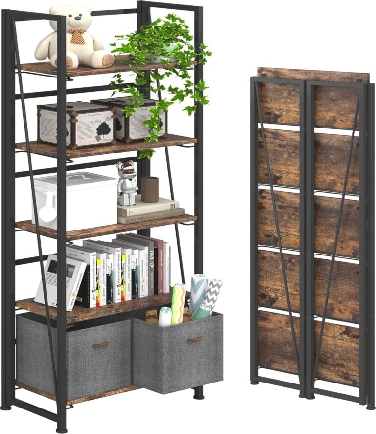 4NM No-Assembly Folding Bookshelf Storage Shelves 5 Tiers Vintage Bookcase Standing Racks Study Organizer Home Office (Rustic Brown and Black)