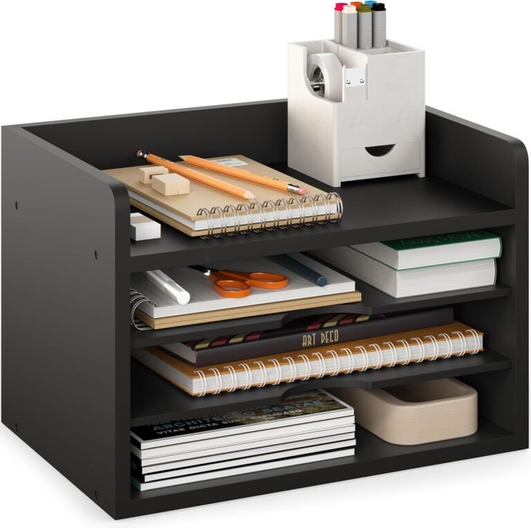 Ballucci File Organizer, 4-Tier Office Desk Organizer, Open Top Wood Paper Organizer for Classroom, Desktop Mail Sorter Paper Tray, Black