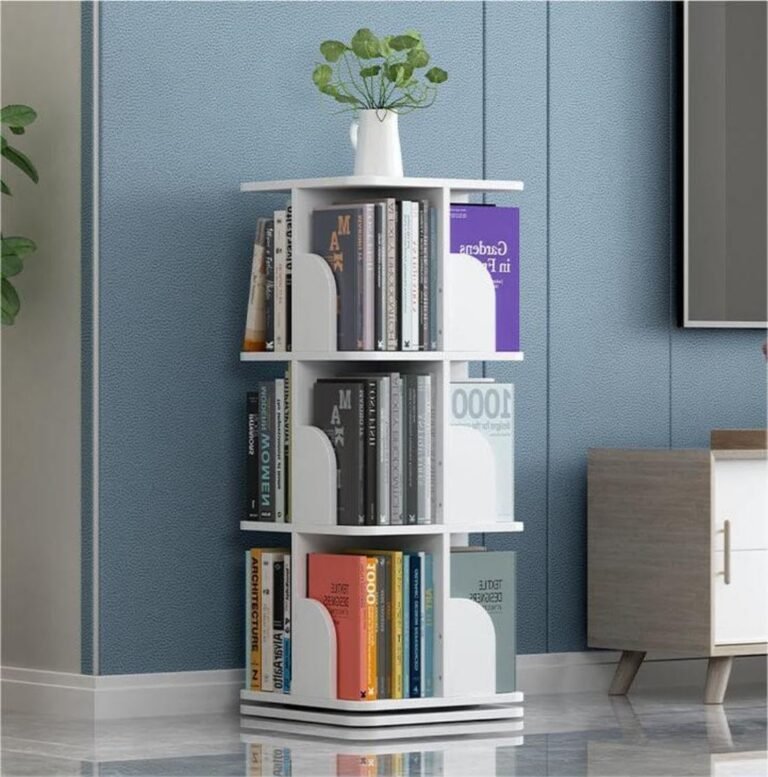 3 Tiers Rotating Bookshelf, 360° Revolving Bookcase Modern Display Spinning Bookcase Standing Bookshelf Tower White Bookshelf Organizer for Study Bedroom Living Room