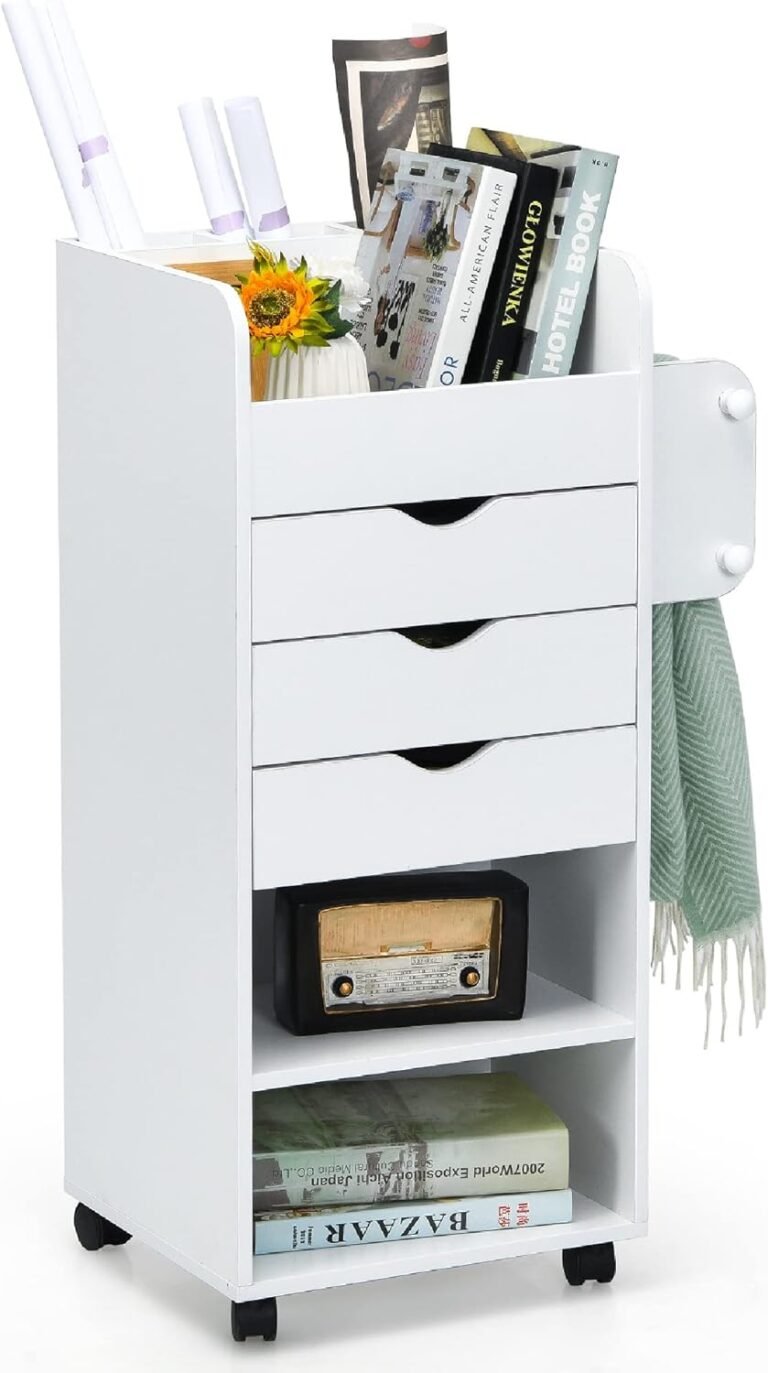 Tangkula Rolling Storage Drawer Cart, Wooden Utility Cart w/ 3 Drawers, 3 Shelves, 3 Slots and 2 Dowels, Organizer Cabinet w/Lockable Casters, Mobile Cart for Study, Living Room, Office, White