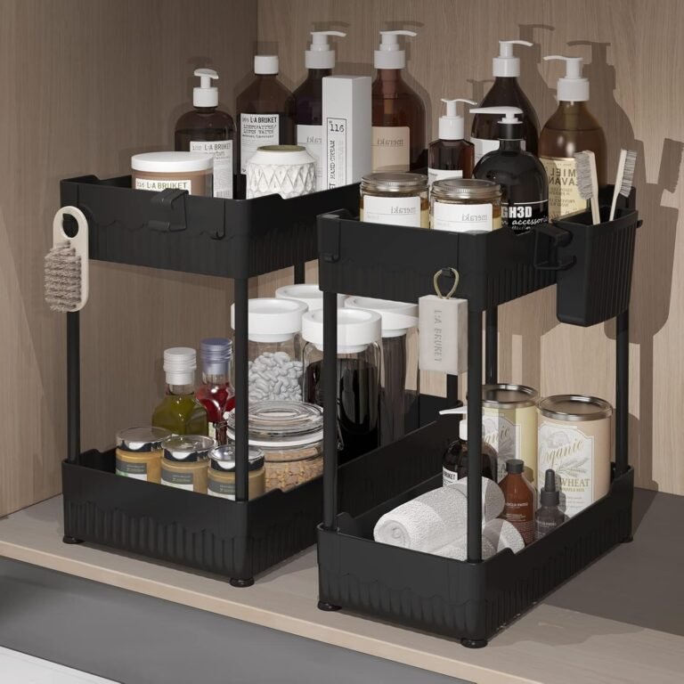 2 Pack Under Sink Organizer, Under Bathroom Cabinet Organizer with Hooks Hanging Cup, Multi-Purpose Storage Shelf for Kitchen Bathroom, Black