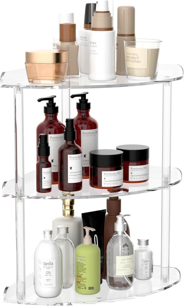 3 Tier Acrylic Corner Shelf Organizer Storage 9.5×9.5×15.7 Inch, Transparent Countertop Corner Shelf for Bathroom, Kitchen, Bedroom, Office, Study Room
