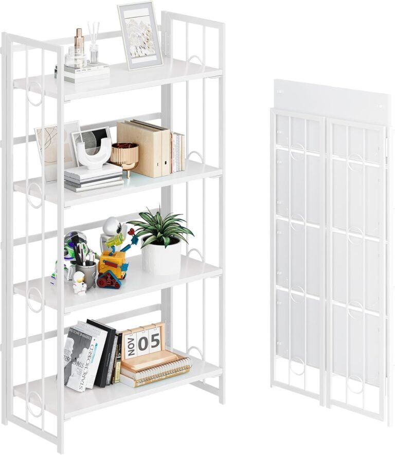 4NM No-Assembly 4 Tiers Folding Bookshelf Storage Shelves Vintage Bookcase Standing Racks Study Organizer Home Office – All White
