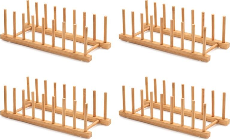 Bamboo Dish Drying Rack for Kitchen Counter and Cabinet, Dish/Book/Plate/Bowl/Cup/Cutting Board/Pot Lid Organizer for Kitchen, Living Room, Study, Display Cabinet (8 Slots)