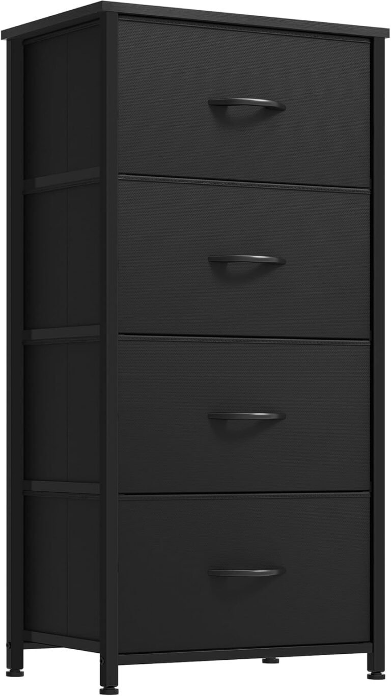 DWVO Storage Tower with 4 Drawers – Fabric Dresser, Organizer Unit, Living Room, Closets – Sturdy Steel Frame, Easy Pull Fabric Bins & Wooden Top