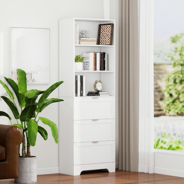 71″ Tall Modern White Bookshelf with Storage 3 Drawers Freestanding Display Bookcase, Tall Book Shelf with Organizers and Storage, Display case for Home Office, Living Room,Study,White
