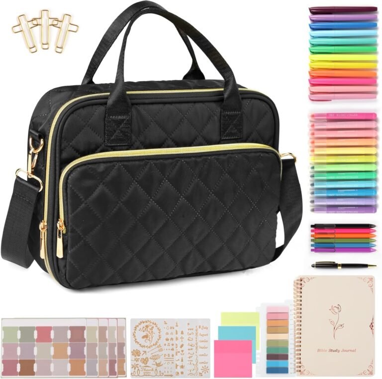 All-in-One Bible Journaling Kit – Quilted Bible Cover Case for Women, 31 Highlighters, 75 Tabs, Bible Study Supplies & Christian Gift for Women and Teens (Shoulder Strap, Black)