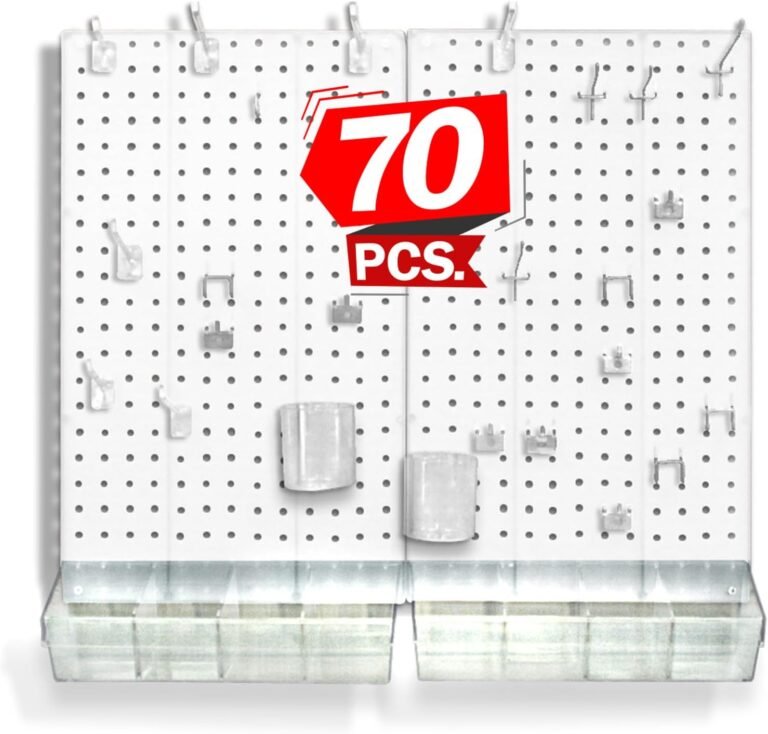 Azar Displays, 900945-WHT, 70 Piece Pegboard Organizer, Wall Mount Peg Board Combination Panel Kit for Bedroom, Craft Room, Study, Office or Garage, Assorted Accessories Hooks and Bins, 27″x22″, White