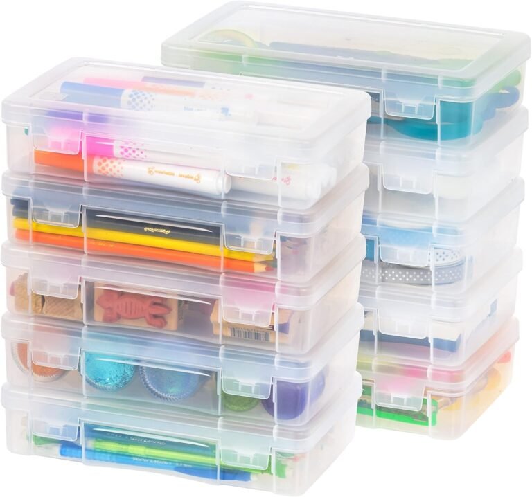 IRIS USA Pencil Case Box Storage Container for Organizing with Snap Lid, 10-Pack, Big Capacity Stackable Plastic Pen Pouch for Craft Hobby Art Supplies Journaling Stationery Sticker, Clear, Medium