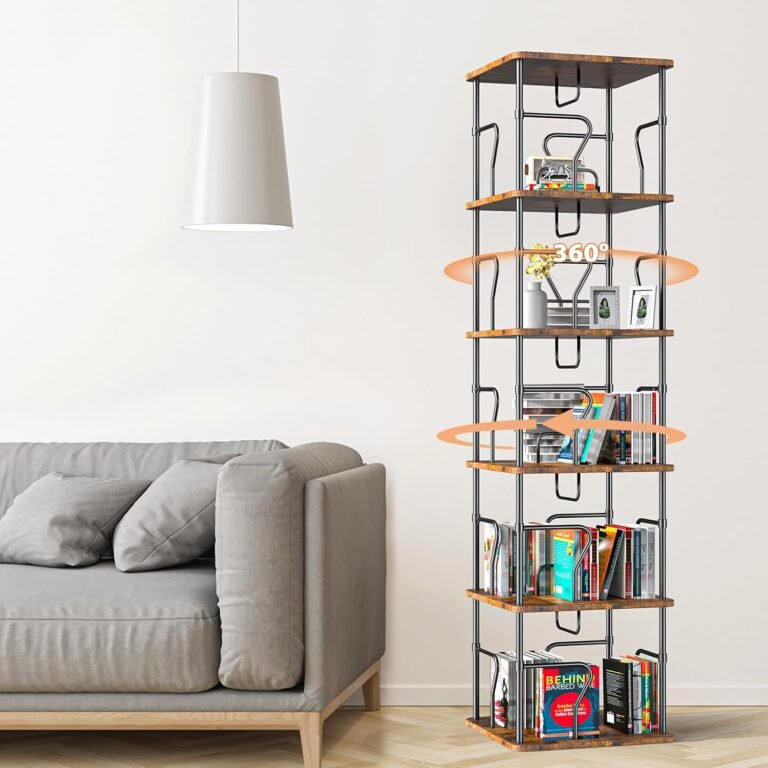 5 Tier Square Rotating Bookshelf Tower, 360 Display Round Bookcase, Floor Standing Corner Revolving Organizer Storage Rack for Home Study Office, Small Spaces