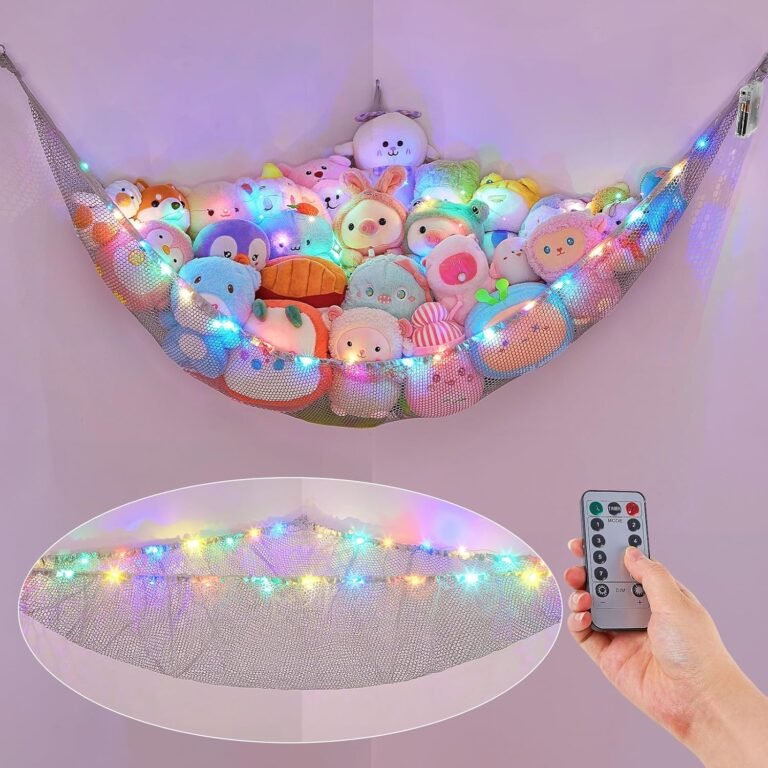 Basumee Stuffed Animals Net or Hammock with LED Light Hanging Toy Net Hammock for Stuffed Animals Storage Stuff Animals Hammocks for Nursery Kids Room with Remote Control, 8 Kinds of Lights(Pack of 1)