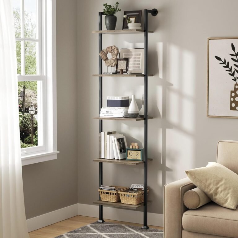 Axeman 5-Tier Ladder Shelf, Tall Narrow Bookcase for Small Spaces, Book Storage Organizer Case Open Shelves for Living Room, Home Office, Study, Industrial Style Black Metal Frame and Gray Shelf