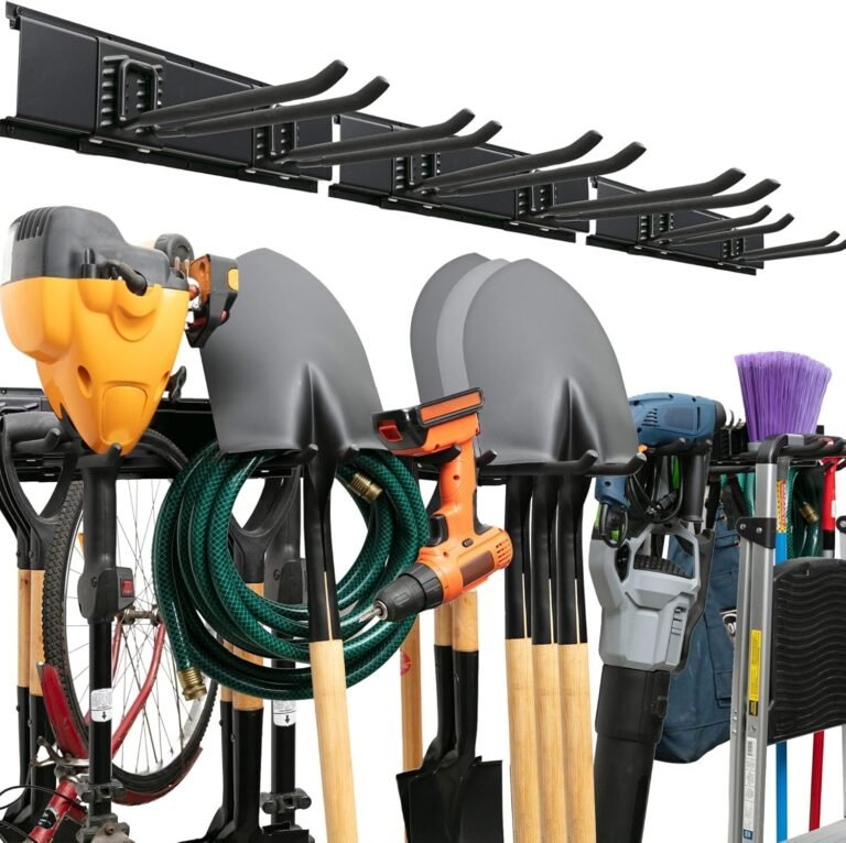 Garage Tool Organizer Wall Mount – 48 inches – Sturdy Storage Rack with Adjustable Hooks, Anti-Rust – Easy Installation, 300lbs Capacity – Garden Tool Organizer (03 Racks & 06 Hooks)