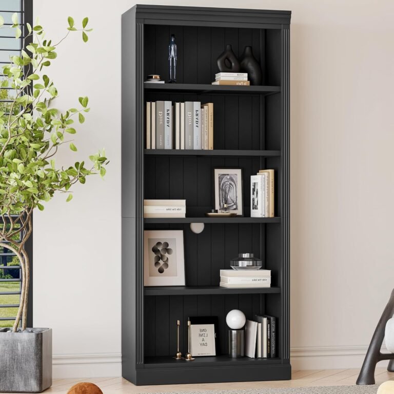 83″ Tall Wood Bookcase with Light, 5-Tier Bookshelves with Adjustable Storage Shelves, Storage Organizer for CDs/Books/Movies, Free Standing Storage Shelves for Study Room Home Office, Black