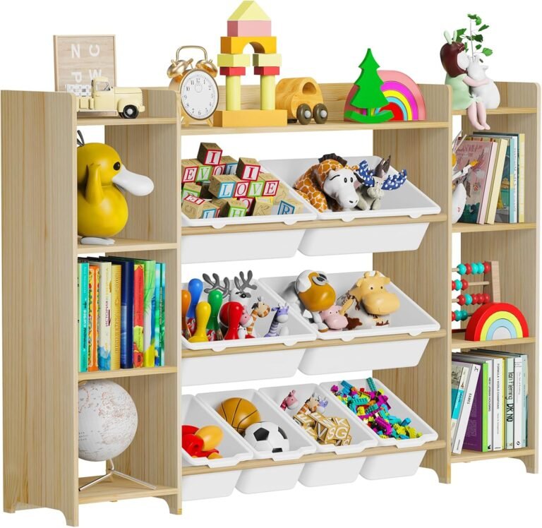 Kids Toy Organizer with Bookshelf, 4-Tier Toy Organizers W/8 Removable Storage Bins, Solid Wood Kids Bookshelf and Toy Storage for Study Room, Kids Room, Classroom, Nursery