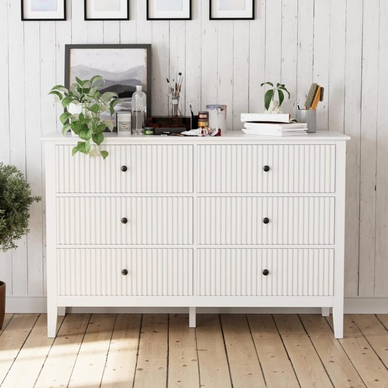 White 6 Drawer Dresser for Bedroom, Modern Double Chest of Drawers 47″ Wide, Wood Drawers Storage Organizer Cabinet for Home Office, Living Room, Study Room, Nursery