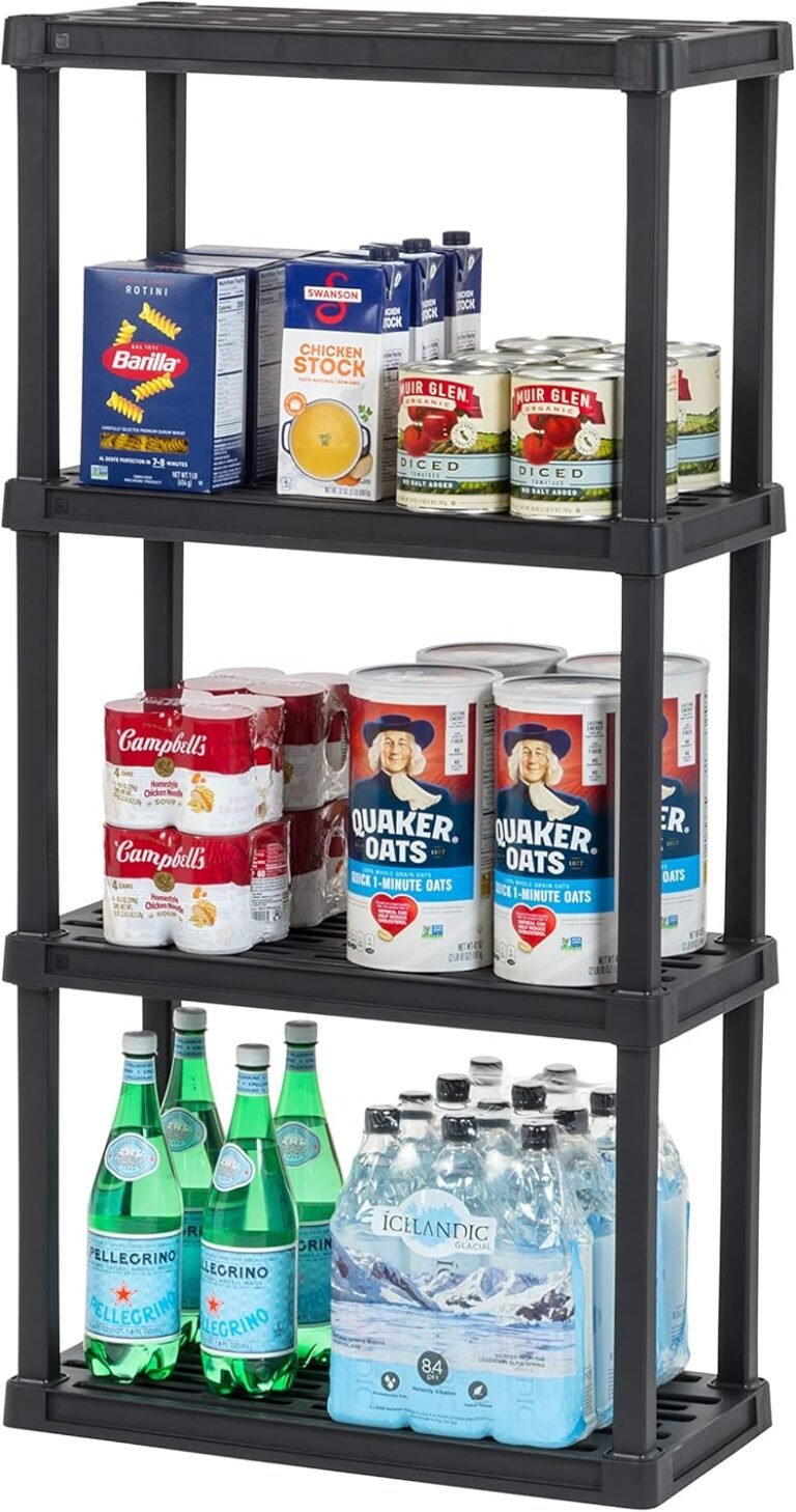 IRIS USA 4-Shelf Light Duty Plastic Storage Shelves, 200lb Capacity, 48″H x 24″W x 12″D, Medium Modular Shelving Unit Storage Organizer for Garage, Home, Bathroom & Laundry, Storage Rack – Black