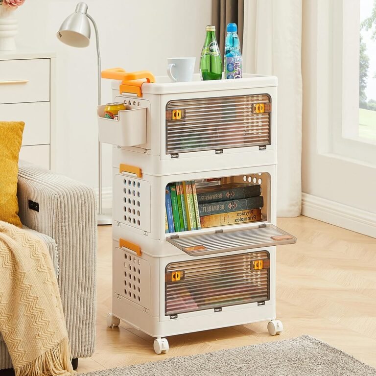 44 Qt Foldable Stackable Heavy Duty Storage Bins with Lids & Doors, 3 Tier Storage Organizer Bins, Storage Box, Storage Containers for Bedroom, Living Room, Study Office Organization and Storage