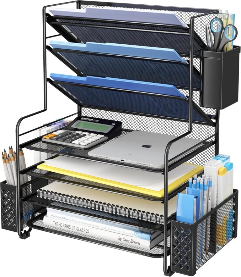 Simple Trending 7 Tier Desk File Organizer, Letter Tray Paper Organizer with Pen Holder and Metal Hanging Basket, Black