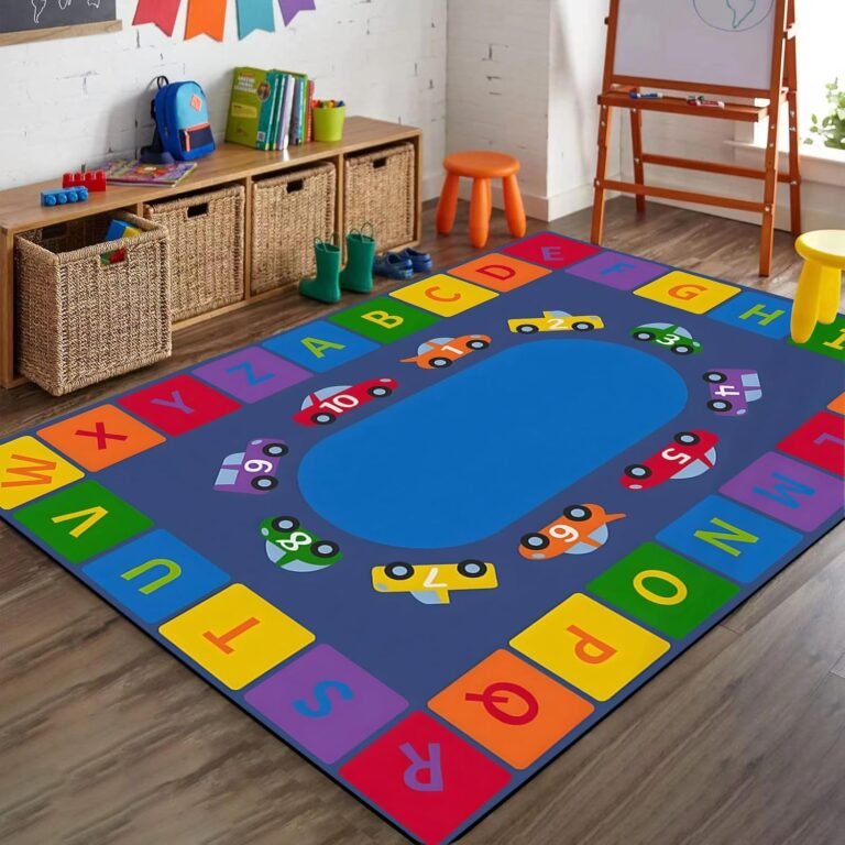 ABC Rainbow Oval Living Rug, 5x6ft, Cartoon Car ABC Number 123 Kid’s Rug, Low Pile No Crease Indoor Mat, with Non Slip Backing Low Pile Indoor Area Mat for Kindergarten Study Room