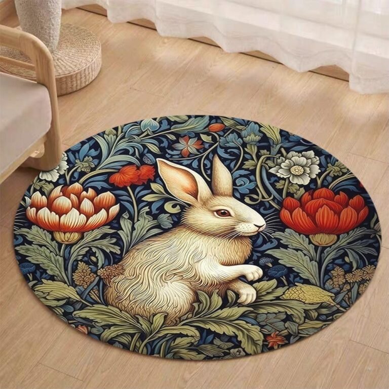 Cartoon Bunny Round Rug Easter Rabbit Round Area Rug Non-Slip Doormat Cute Bunny Flower Non-Slip Floor Mat Carpet for Bedroom Living Room Study Playing Carpet 44 Inches