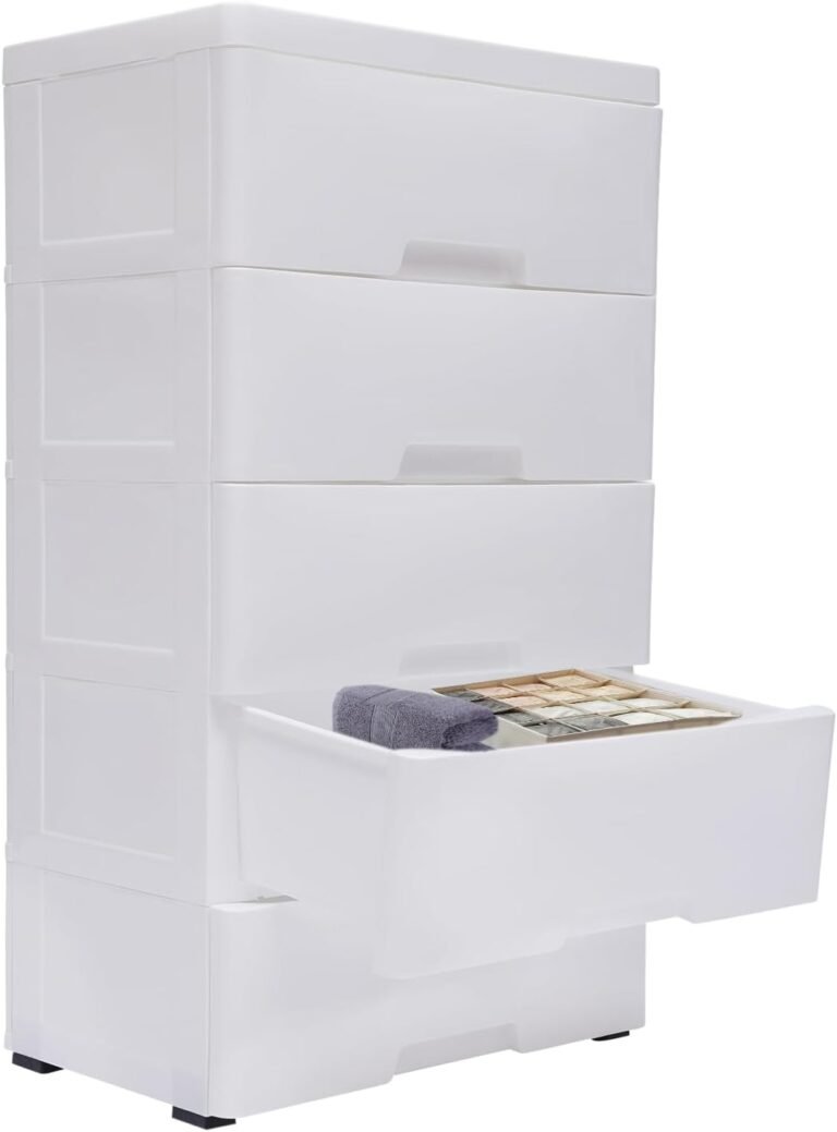 5-Tier Plastic Drawers Dresser Cabinet Vertical Clothes Storage Tower Freestanding Bedroom Closet with Wheels Household Item Organizer for Living Rooms, Studies, Powder Rooms(White)