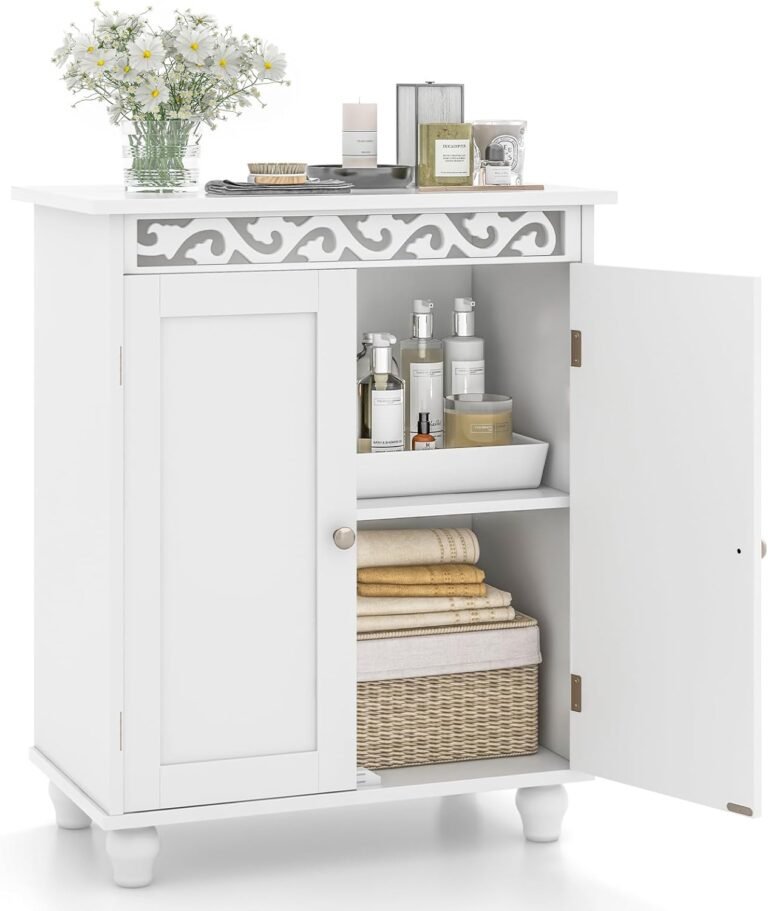LOKO Bathroom Floor Cabinet, 2-Door Storage Cabinet with Adjustable Shelf, Modern Storage Organizer with Anti-Toppling Device & Solid Wood Legs for Living Room, Study, Entryway, White