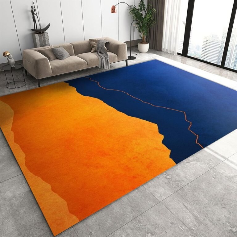 Modern Home Decor Art Indoor Carpet, Navy Blue and Orange Irregular Splicing Area Rugs, Non Slip Low Pile Washable Foldable Mat for Living Room Bedroom Entryway Hallway Office Study Room 3x5ft