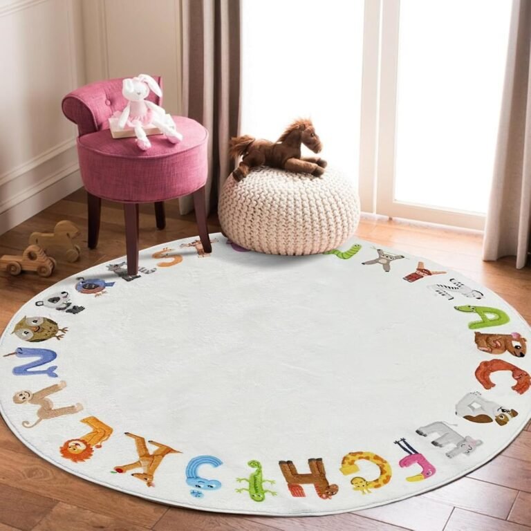4ft Round ABC Kids Play Rug – Soft Crawling Mat, Non Slip Alphabet Educational Rug for Toddlers, Baby, Nursery, Playroom, Classroom, Bedroom Decor